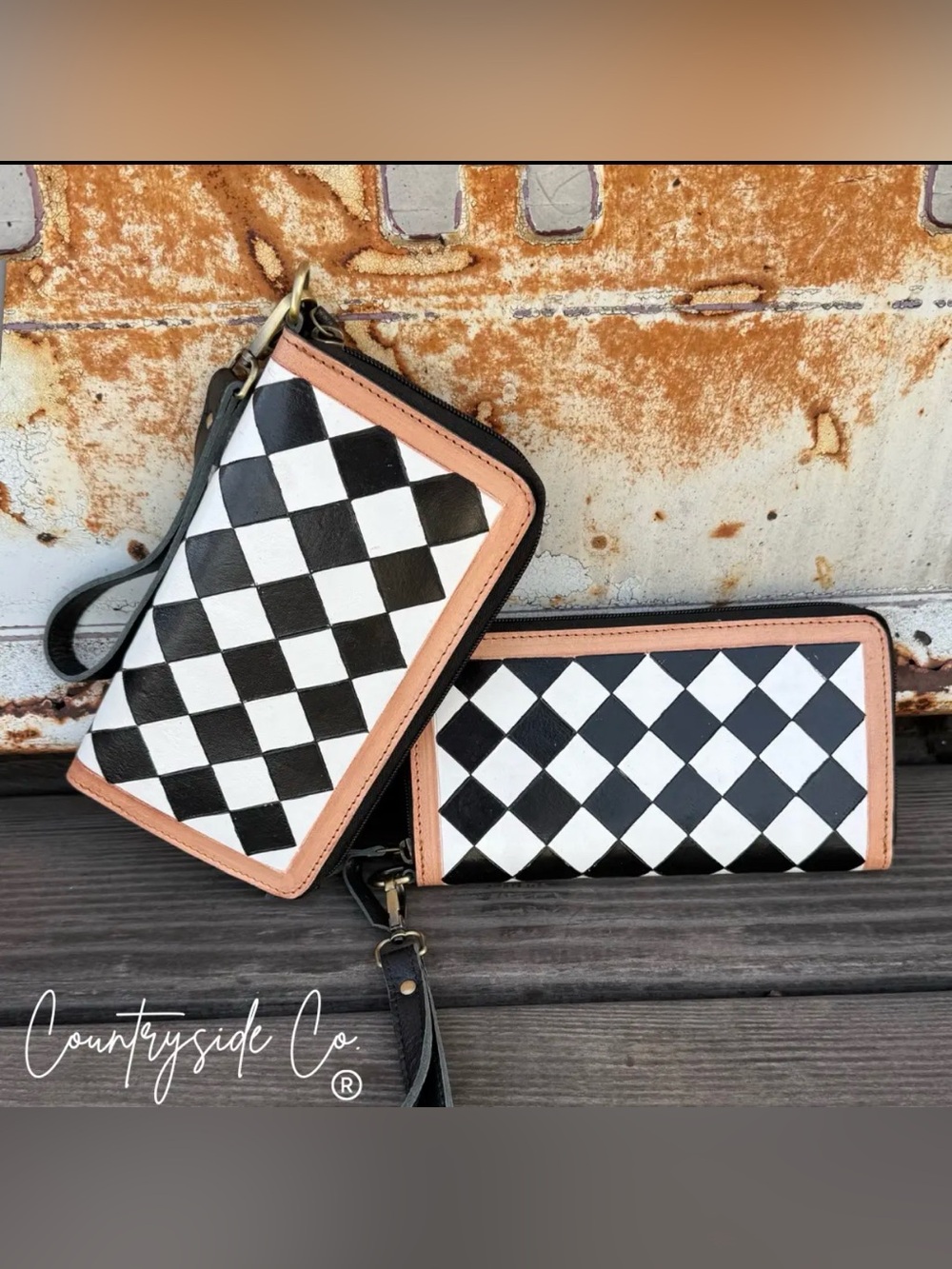 Black & White Checkered Wristlet with Tan Trim - 1 available.